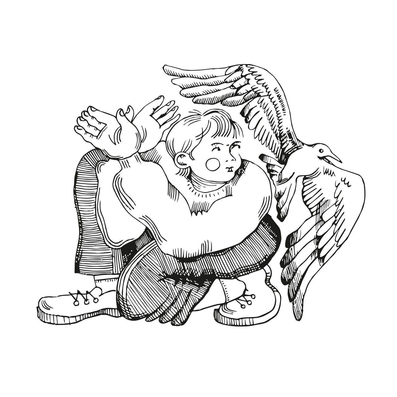 Digitally vectorized black and white illustration with the title 'Bird'. Depiction of a child playing with his hands to imitate a bird flying beside him