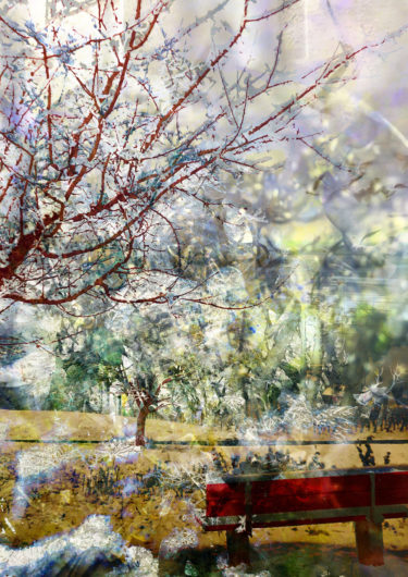 Digital artwork with the title 'The red bench'. A creative photographic collage, combined with acryl paint. 