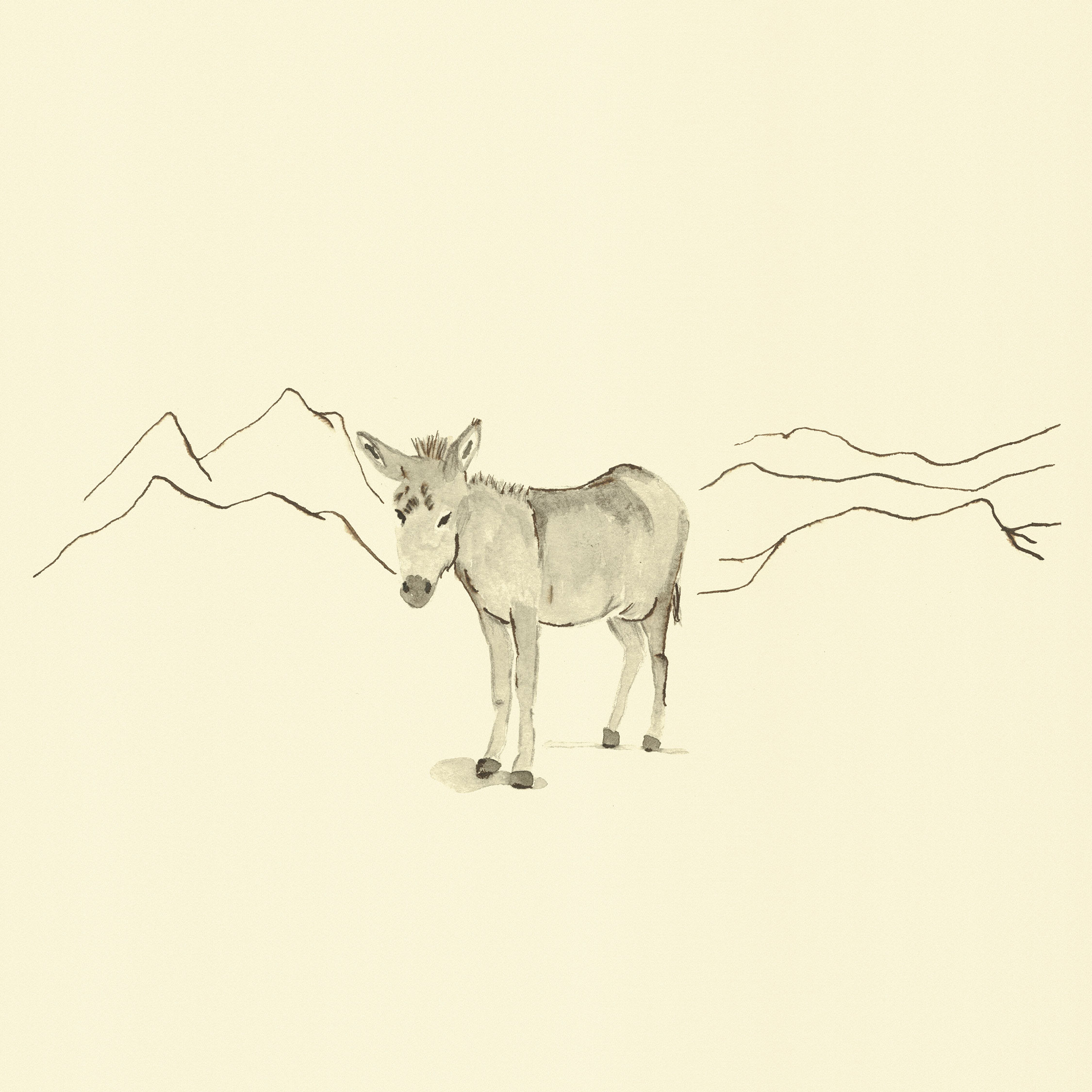 Eine Illustration mit Aquarell und Tusche mit dem Titel 'Esel'.