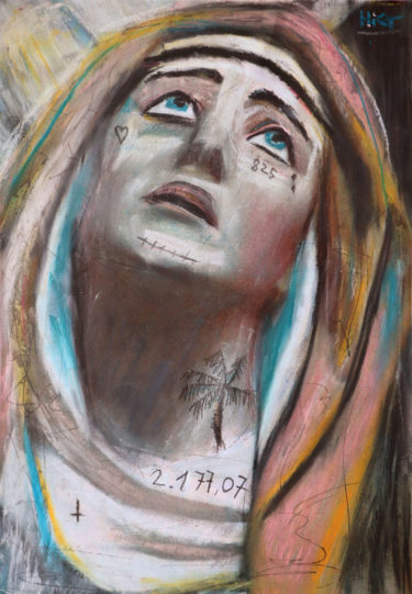 A religious portrait with the title 'Mother from another brother'. The artist Kevin Reismann painted this artwork on photokarton using chalk.