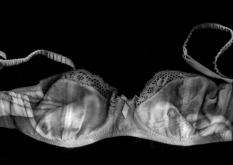 Black and white photography of a bra on a blank background with the title 'Desire'.