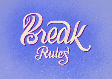 Lettering artwork with the title 'Break rules'. Curved liines in soft colours in front of a purple background.