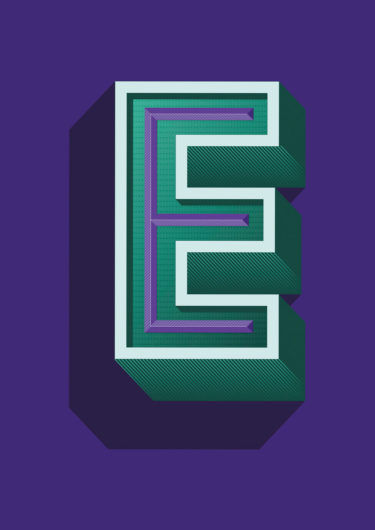 A three dimensional lettering artwork with the title 'e majesty'. A green 'E' with white and purple accents in front of a purple background.