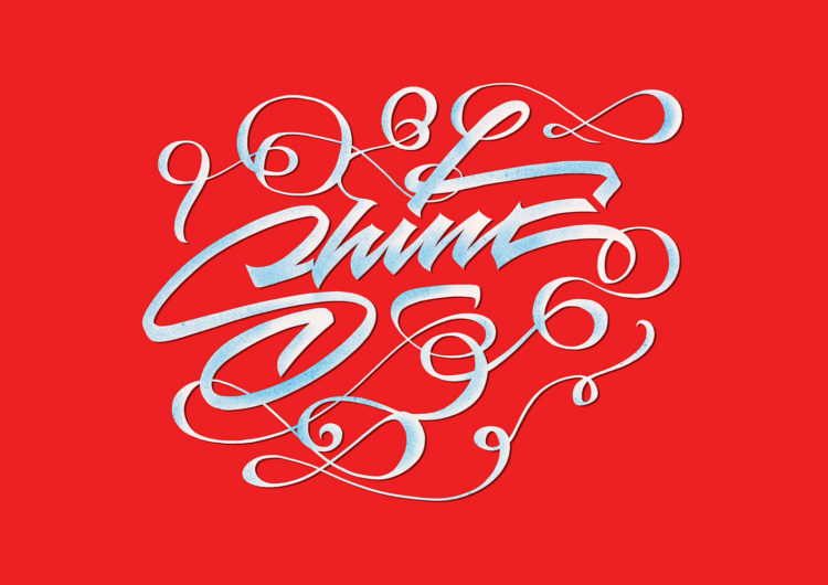 Lettering artwork with the title 'Shine'. Curved lines in white and light blue in front of a vibrant red background.