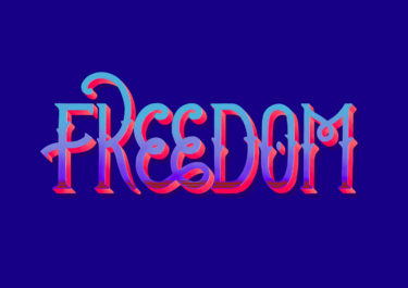 Lettering artwork with the title 'Freedom'. Curved lines and a color gradient in front of a blue background.