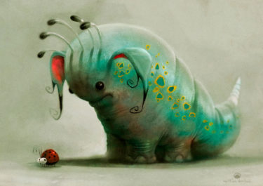 Digital artwork titled ‘Bug Eater’. Illustration of a bug eater looking down on a small ladybug - by Matthias Derenbach