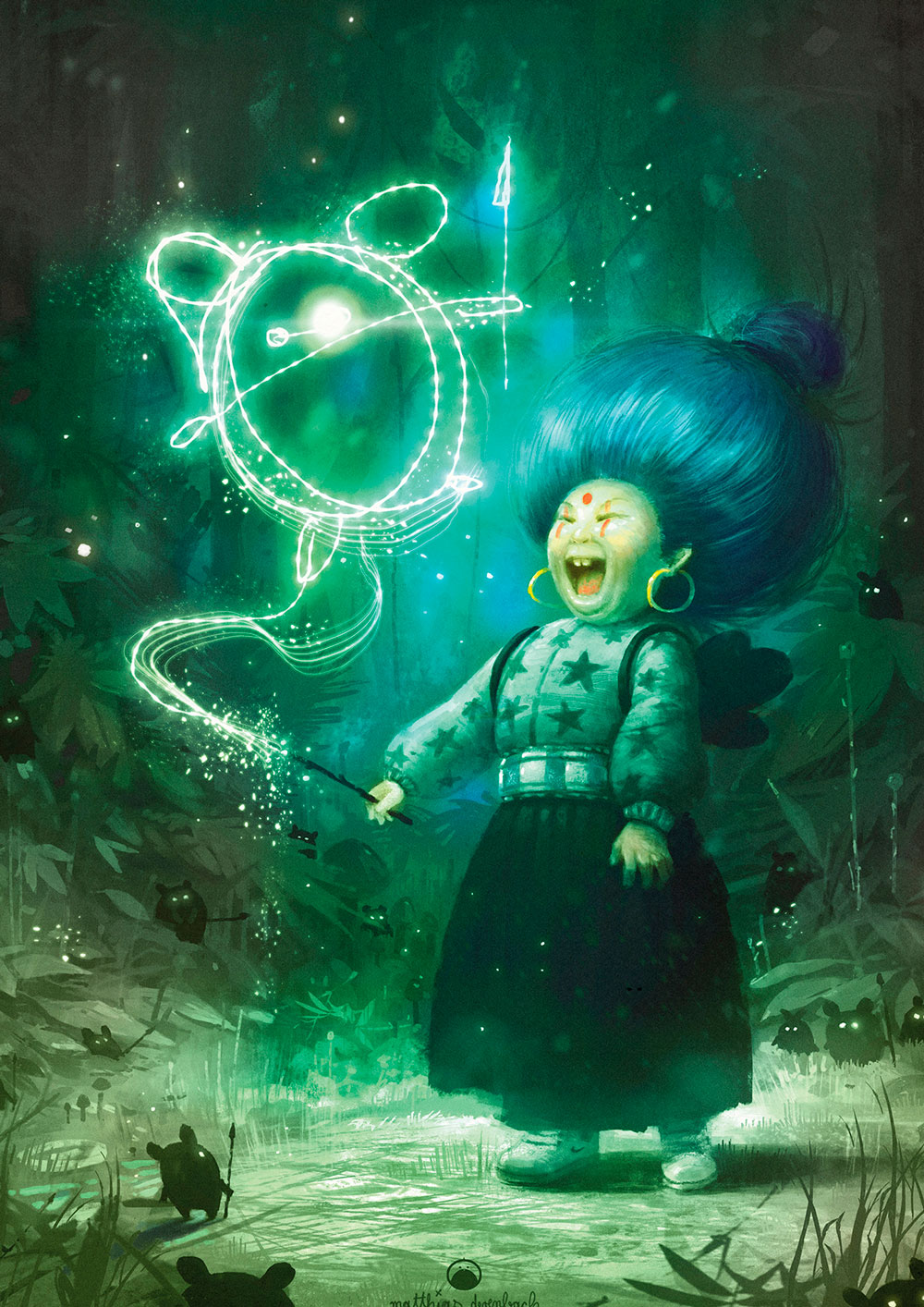 Digital artwork titled 'Crazy Witch'. Drawing of a laughing witch, standing in the forest and tracing the little creature in front of her with her magic wand in the air. Green tones create a mystical mood - by Matthias Derenbach
