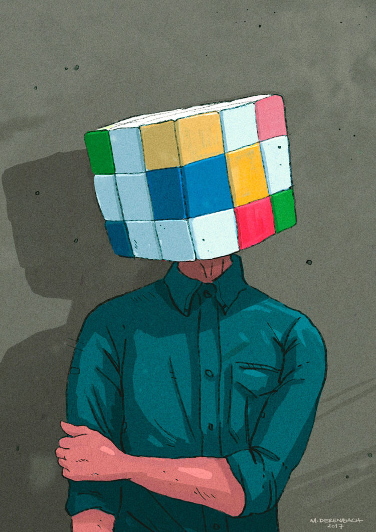 Digitales Kunstwerk mit dem Titel ‘Cubehead’. Illustration eines Mannes mit einem Zauberwürfel statt eines menschlichen Kopfes - von Matthias Derenbach