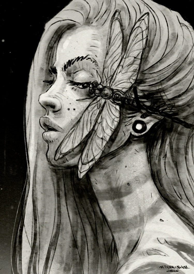 Digitales Kunstwerk mit dem Titel ‘Dragonfly’. Seitliches Porträt einer Frau mit einer Libelle im Gesicht - von Matthias Derenbach