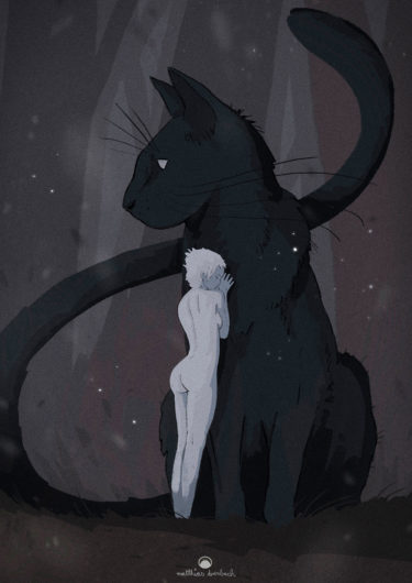 Digital artwork titled 'Pussy Cat'. Illustration of a naked woman in shades of gray, standing in front of a big black cat and hugging it. The surreal proportions create an interesting visual effect - by Matthias Derenbach