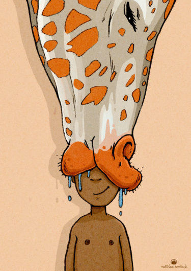 Illustration of a boy who gets kissed by a giraffe - by Matthias Derenbach